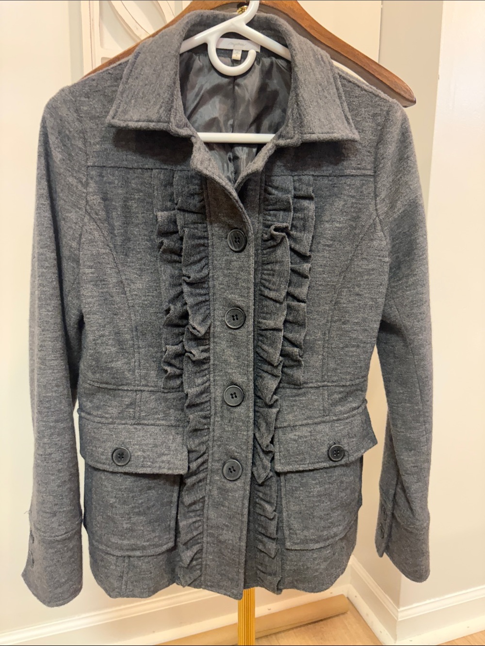 Mystree Gray Ruffle-Front Blazer Jacket